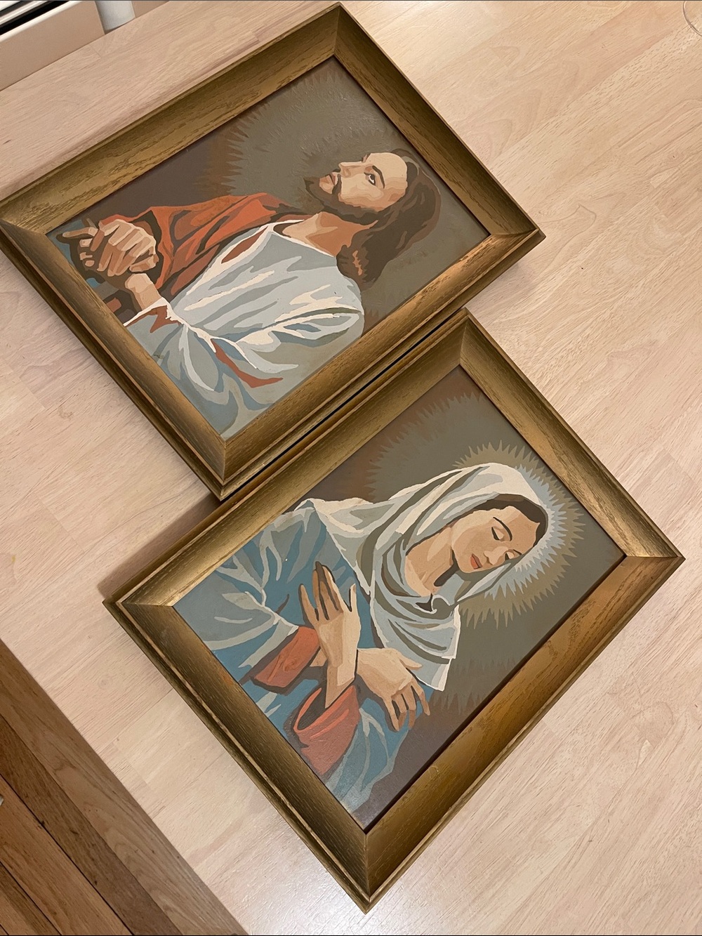 Pair of Vintage Framed Paint by Number Paintings  of Jesus and Mary 12x16